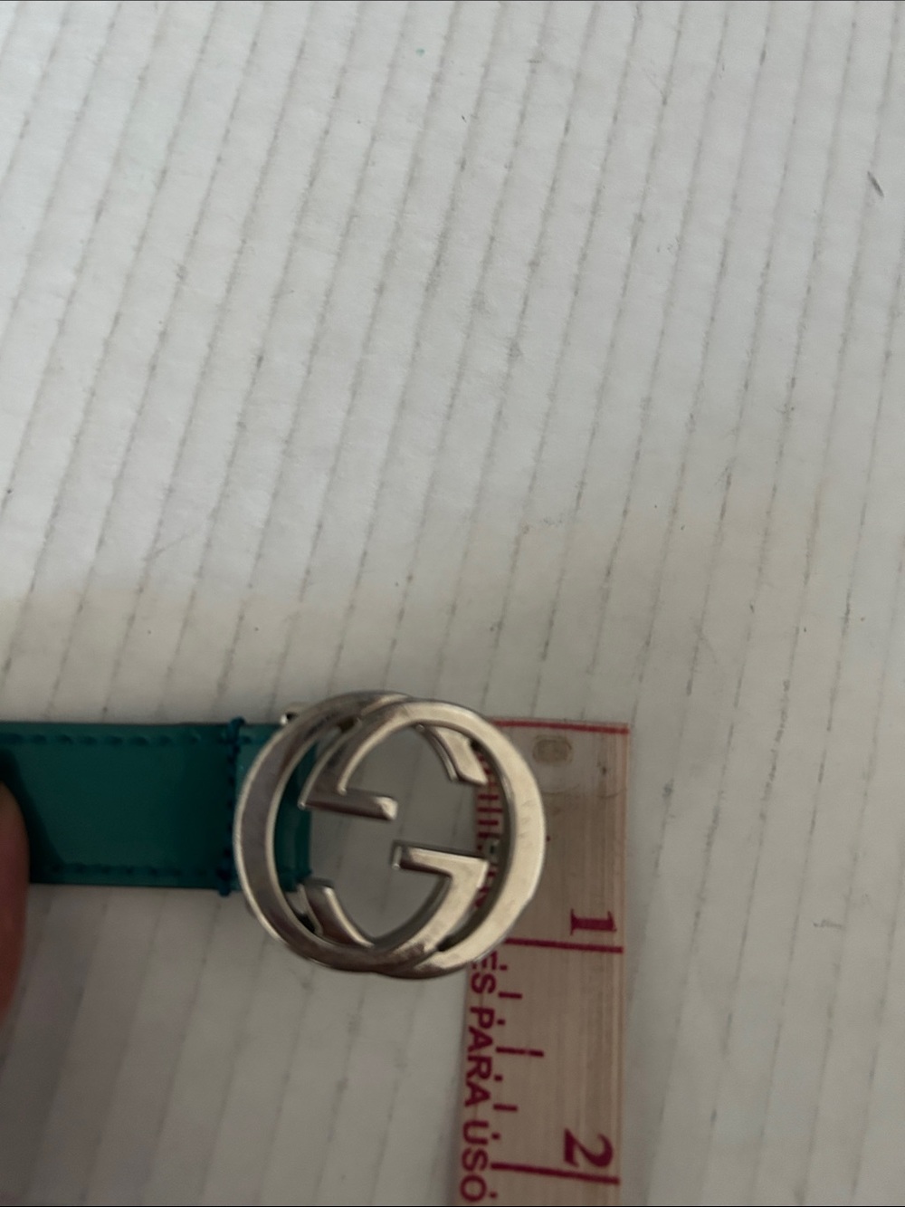 Glossy Teal Patent Leather Belt with Silver Interlocking Buckle - Picture 11 of 11